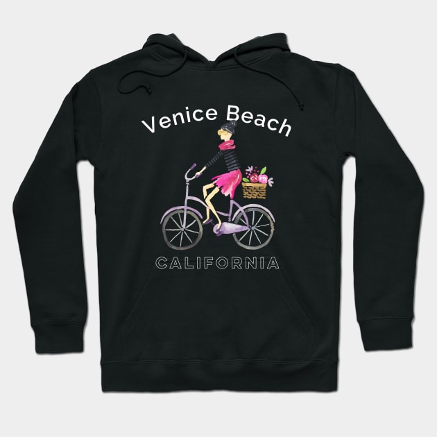 Venice Beach California Watercolor Bicycling French Girl Woman Hoodie by Pine Hill Goods